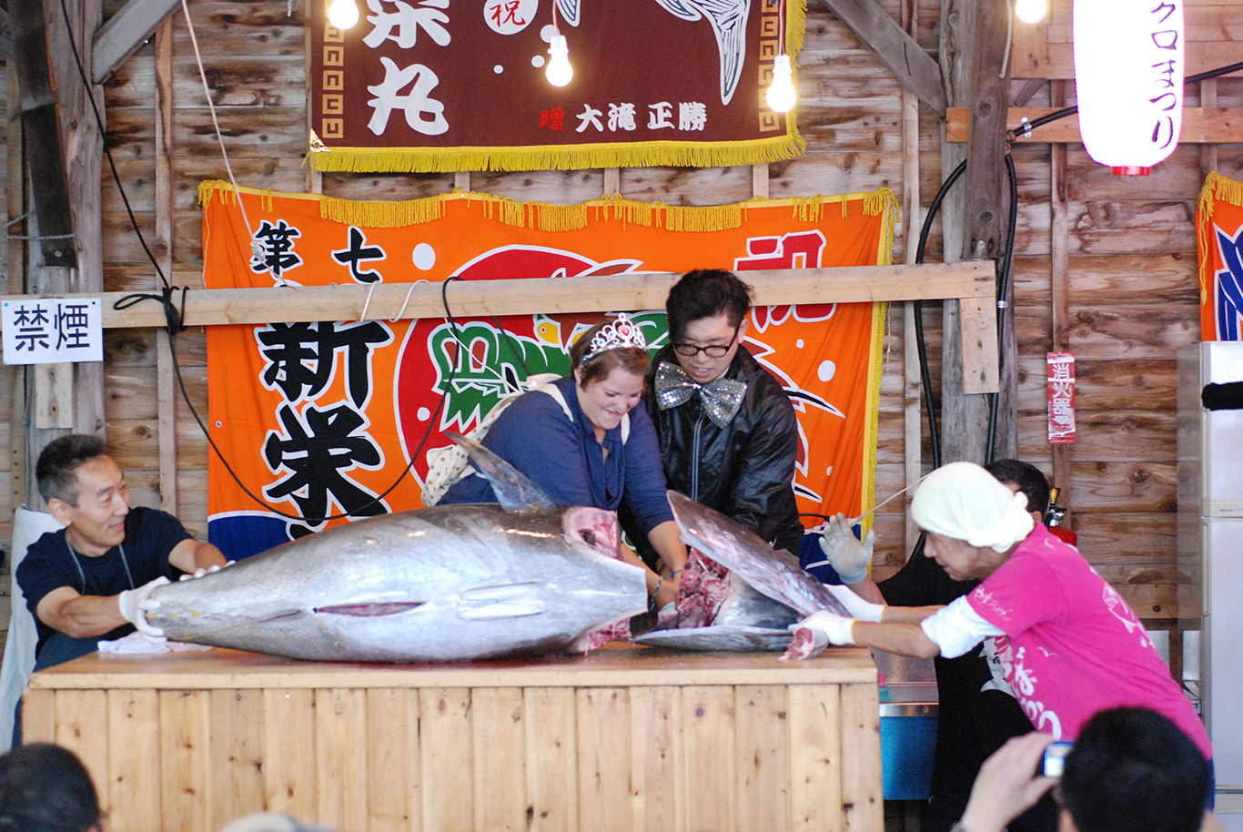 Fresh tuna being prepared at a Japanese fish market
