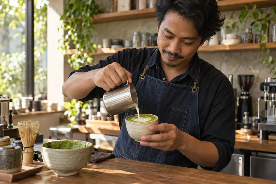 Illustrative scene of a barista preparing a matcha latte behind a café bar