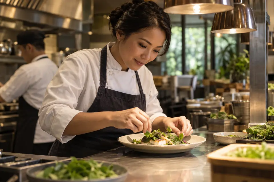 Illustrative scene of a chef carefully plating fresh greens in a professional kitchen